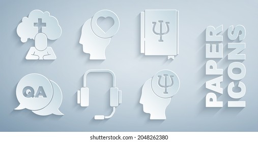 Set Psychologist online, Psychology book, Psi, Question and Answer, Psychology,, Broken heart or divorce and Man graves funeral sorrow icon. Vector