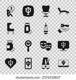 Set Psychologist online, Psychology, Psi, Solution to the problem, Armchair, Sedative pills, Man graves funeral sorrow and Addiction drug icon. Vector