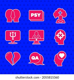 Set Psychologist online, Question and Answer, Broken heart or divorce, Finding problem, Psychology, Psi, Man graves funeral sorrow and Bipolar disorder icon. Vector