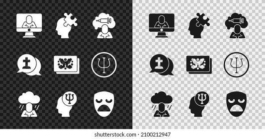 Set Psychologist online, Solution to the problem, Addiction drug, Depression, Psychology, Psi, Drama theatrical mask, Graves funeral sorrow and Rorschach test icon. Vector