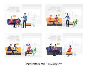 Set of psychologists consulting couples. Flat vector illustrations of family psychotherapy. Family psychotherapy concept for banner, website design, landing web page