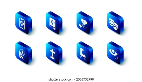 Set Psychology book, Psi, Broken heart or divorce, Comedy and tragedy masks, Tear cry eye, Armchair, Graves funeral sorrow, Man graves and Psychologist online icon. Vector