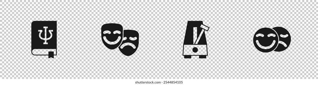 Set Psychology book, Psi, Comedy and tragedy masks, Metronome with pendulum and  icon. Vector