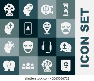 Set Psychology book, Psi, Graves funeral sorrow, Drama theatrical mask, Psychology,, Psychologist online, Man graves, Broken heart divorce and  icon. Vector