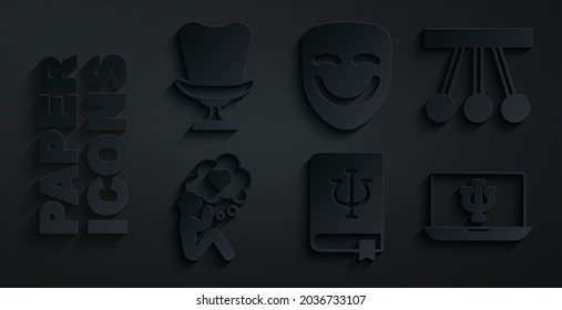 Set Psychology Book, Psi, Pendulum, Head With Heart, Psychologist Online, Comedy Theatrical Mask And Armchair Icon. Vector