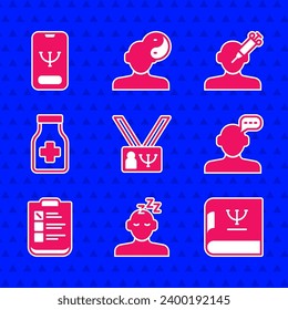 Set Psychology, Dreams, book, Online psychological counseling, Psychological test, Sedative pills, Addiction to the drug and  icon. Vector