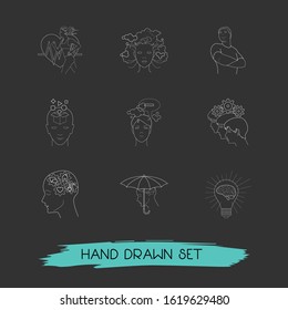 Set of psychology icons line style symbols with skill learning, health monitoring, think negative and other icons for your web mobile app logo design.