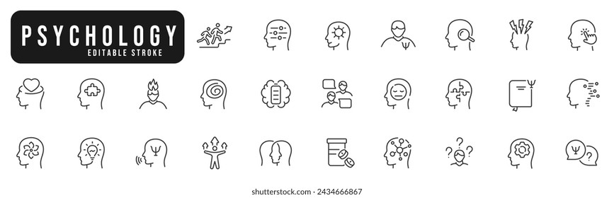 Satz von Psychologie-Linien-Icons. Mental, Geist, Gehirn, Kopf, Behandlung, Gesundheit, Stimmung usw. Bearbeitbarer Strich