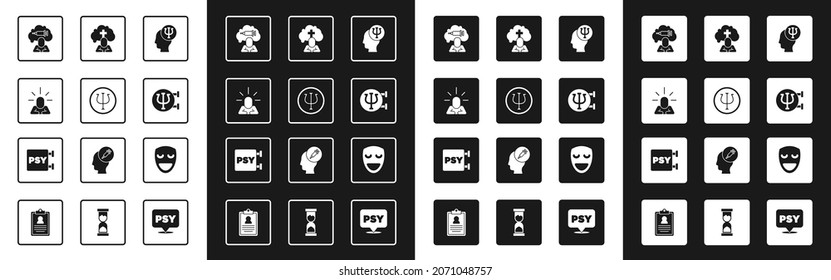 Set Psychology, Psi, Depression, Addiction to the drug, Man graves funeral sorrow, Comedy theatrical mask and  icon. Vector