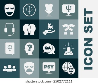 Set Psychology, Psi, Depression, Question mark, Armchair, Bipolar disorder, Psychologist online, Comedy theatrical mask and Solution to problem icon. Vector
