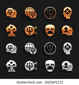 Set Psychology, Psi, Finding a problem, Graves funeral sorrow, Drama theatrical mask, Broken heart divorce,  and  icon. Vector