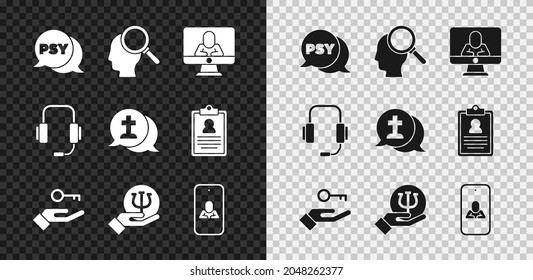 Set Psychology, Psi, Finding a problem, Psychologist online, Solution to the,  and Graves funeral sorrow icon. Vector