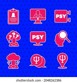 Set Psychology, Psi, Finding a problem, Depression, Head with question mark,  and Medical clipboard icon. Vector