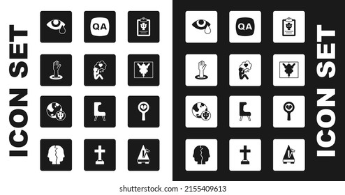 Set Psychology, Psi, Head with heart, Helping hand, Tear cry eye, Rorschach test, Question Answer, Broken divorce and  icon. Vector