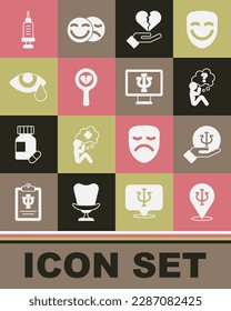 Set Psychology, Psi, Head with question mark, Broken heart or divorce, Tear cry eye, Addiction to the drug and Psychologist online icon. Vector