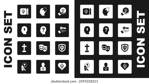 Set Psychology, Psi, Head with question mark, Solution to the problem,  and Graves funeral sorrow icon. Vector