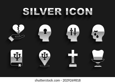 Set Psychology, Psi, Man graves funeral sorrow, Armchair, Graves, book,, Solution to the problem, Broken heart divorce and  icon. Vector