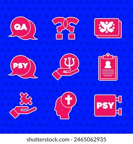 Set Psychology, Psi, Man graves funeral sorrow, Medical clipboard, Solution to the problem, Rorschach test and Question and Answer icon. Vector