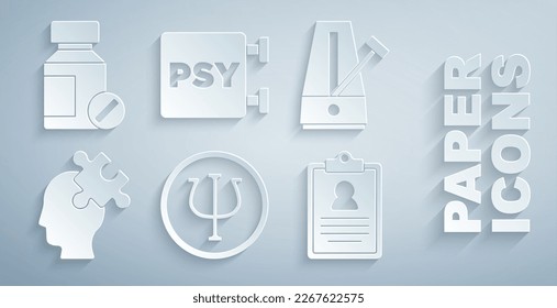 Set Psychology, Psi, Metronome with pendulum, Solution to the problem, Medical clipboard,  and Sedative pills icon. Vector