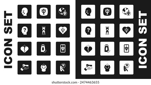 Set Psychology, Psi, Old hourglass, Head with question mark, Man graves funeral sorrow, Psychologist online and Broken heart divorce icon. Vector