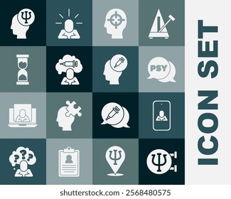 Set Psychology, Psi, Psychologist online, Finding a problem, Addiction to the drug, Old hourglass,  and  icon. Vector