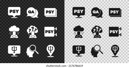 Set Psychology, Psi, Question and Answer, Finding problem, Depression and Head with question mark icon. Vector