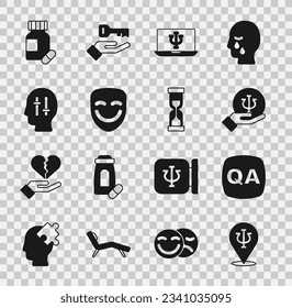 Set Psychology, Psi, Question and Answer, Psychologist online, Comedy theatrical mask, Solution to problem, Sedative pills and Old hourglass icon. Vector