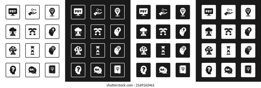 Set Psychology, Psi, Question mark, Depression, Man graves sepultura funeraria, Solución al problema, y Head with Question icon. Vector