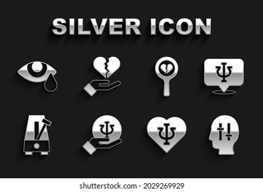 Set Psychology, Psi, Solution to the problem, Metronome with pendulum, Broken heart or divorce, Tear cry eye and  icon. Vector