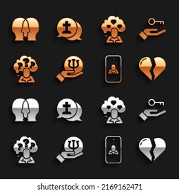 Set Psychology, Psi, Solution to the problem, Broken heart or divorce, Psychologist online, Head with question mark, Bipolar disorder and Graves funeral sorrow icon. Vector