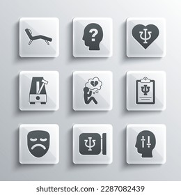 Set Psychology, Psi, Solution to the problem, Broken heart or divorce, Drama theatrical mask, Metronome with pendulum, Armchair and  icon. Vector