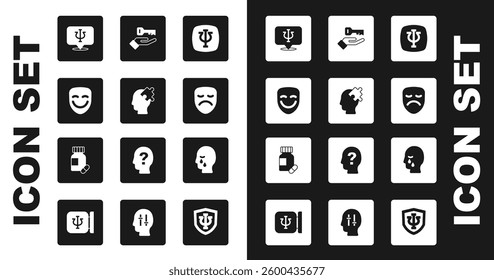 Set Psychology, Psi, Solution to the problem, Comedy theatrical mask, Drama, Man graves funeral sorrow and Sedative pills icon. Vector