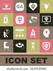 Set Psychology, Psi, Solution to the problem, Psychologist online, Sedative pills,  and  icon. Vector