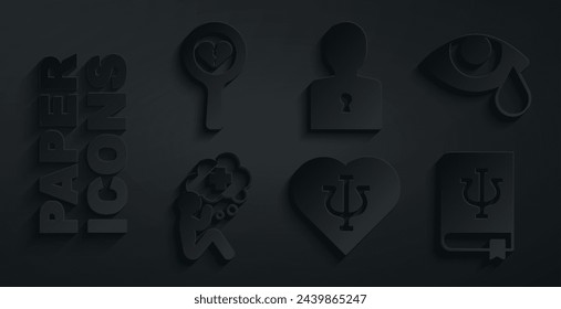 Set Psychology, Psi, Tear cry eye, Helping hand, book,, Solution to the problem and Broken heart or divorce icon. Vector