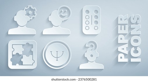 Set Psychology, Sedative pills, Solution problem in psychology, Human with question mark, Good mood and  icon. Vector