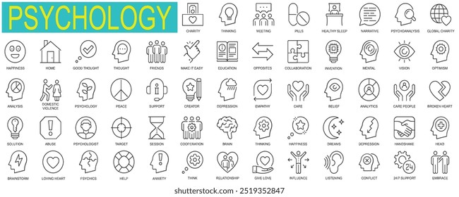Set of Psychology web icons in thin line design. Pack of relationship, love, influence, listening, support, brainstorm, anxiety, charity, meeting, other outline stroke pictograms.