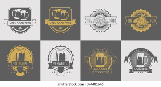 Set of pub, brewery, craft beer, brewhouse and beer labels, logos, badge and other design. Gray and gold vector illustration.