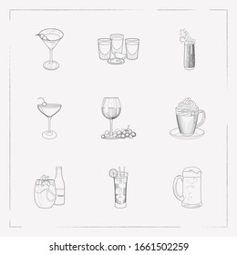 Set of pub icons line style symbols with cream with coffee, tekila shots, mary pickford cocktail and other icons for your web mobile app logo design.