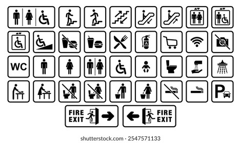 Conjunto de construção pública e shopping center ícones universais sinais e informações