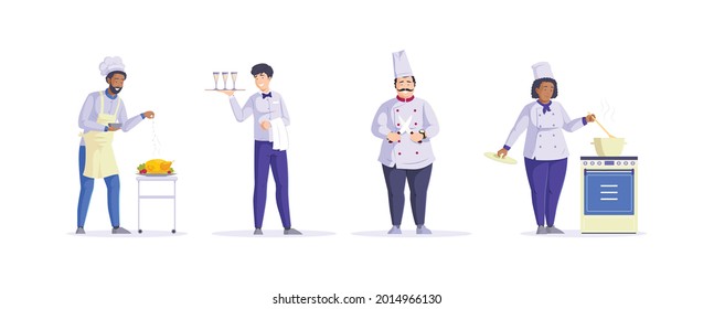 Set public catering service staff. Hospitality diverse man and woman in uniform employee of cafe or restaurant. Friendly kitchen workers chef and waiter cooking food at cafeteria cuisine vector flat