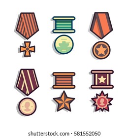 Set of public commemorative medals. Element awards for day of defenders of fatherland. Modern colorful flat outline style. Collection of army rewards icons.