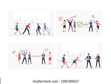 Set of public events illustrations. Flat vector illustrations of people protesting with placards, competing in tug-of-war games. Event concept for banner, website design or landing web page
