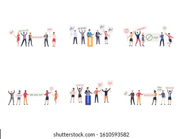 Set of public events illustrations. Flat vector illustrations of people protesting with placards or supporting candidate. Election concept for banner, website design or landing web page
