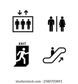 Set of Public Facility Icons Elevator, Restroom, Exit, and Escalator minimal symbols icon.