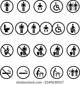 El conjunto de signos de instalaciones públicas aisladas sobre fondo blanco. Conjunto de iconos de inodoro.