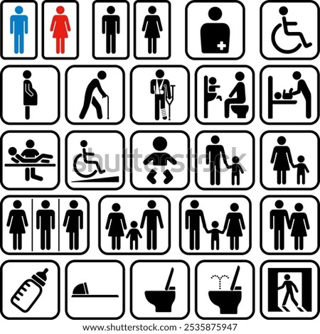 The set of public facility signs isolated on white background