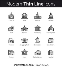 Set of public, government & commercial city buildings and institutions. Thin black line art icons. Linear style illustrations isolated on white. 