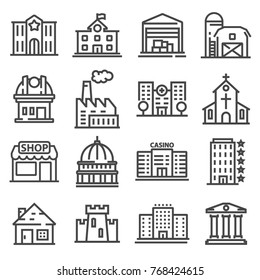 Set of public, government and commercial city buildings and institutions. Vector illustration