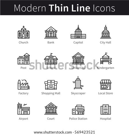 Set of public, government & commercial city buildings and institutions. Thin black line art icons. Linear style illustrations isolated on white. 