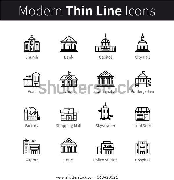 Set of public, government &\
commercial city buildings and institutions. Thin black line art\
icons. Linear style illustrations isolated on white.\
